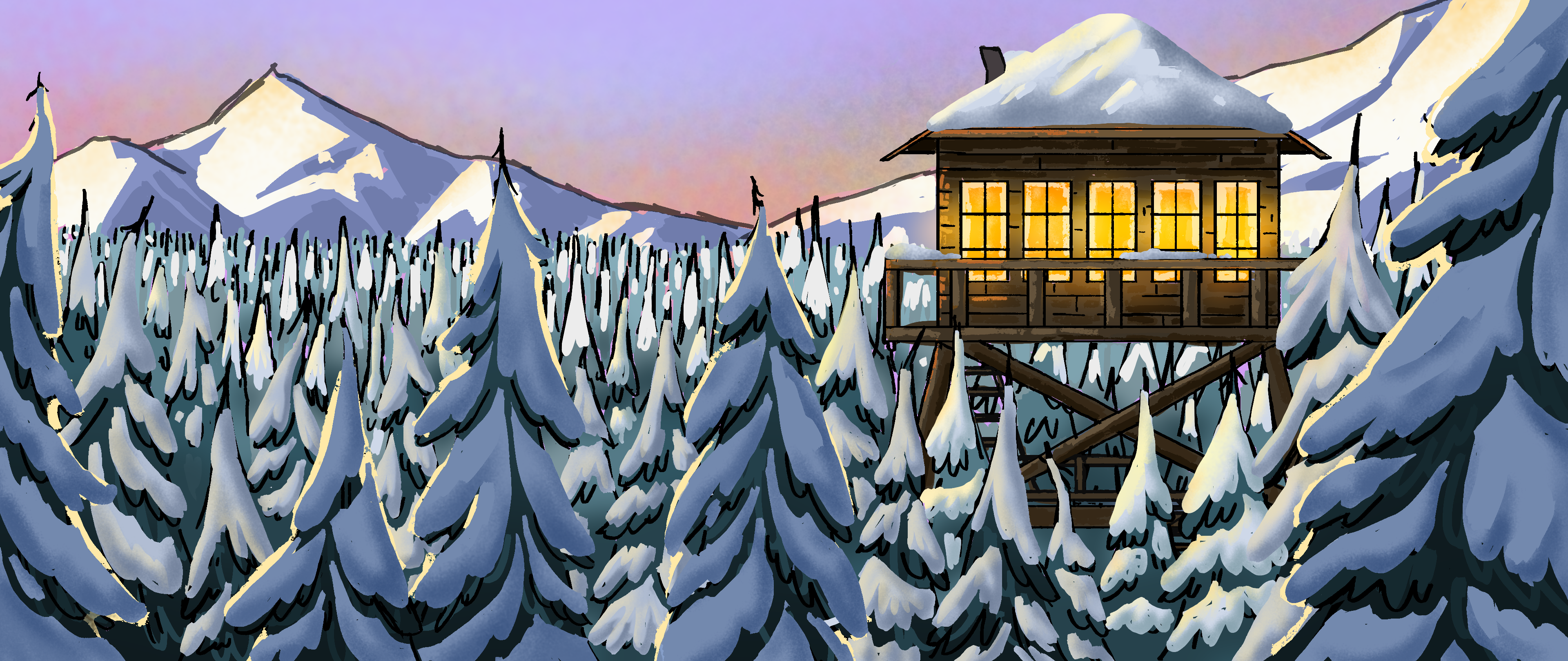 An exterior of the Firewatch Tower, during Winter